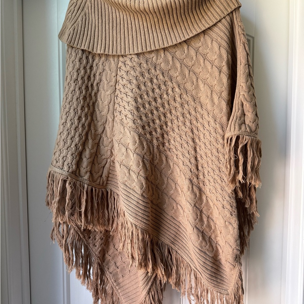 Cozy Tan Knit Poncho with Fringe